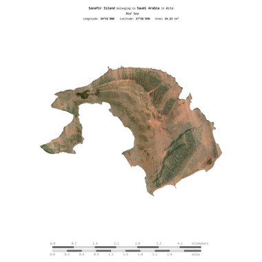 Sanafir Island in the Red Sea, belonging to Saudi Arabia, isolated on a satellite image taken in June 29, 2023, with distance scale clipart