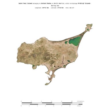 Saint Paul Island in the Bering Sea, belonging to United States, isolated on a satellite image taken in May 28, 2021, with distance scale clipart