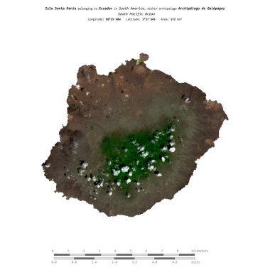 Isla Santa Maria in the South Pacific Ocean, belonging to Ecuador, isolated on a satellite image taken in January 12, 2018, with distance scale clipart