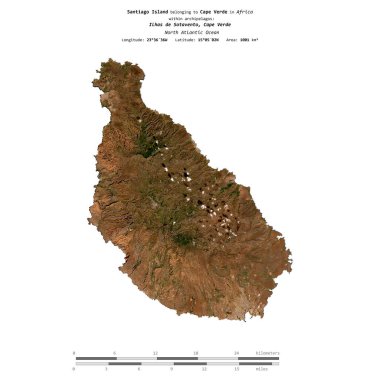 Santiago Island in the North Atlantic Ocean, belonging to Cape Verde, isolated on a satellite image taken in January 28, 2023, with distance scale clipart