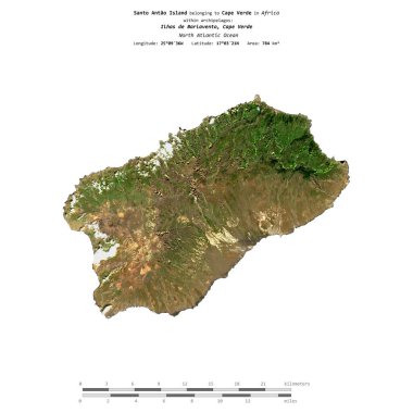 Santo Antao Island in the North Atlantic Ocean, belonging to Cape Verde, isolated on a satellite image taken in October 18, 2020, with distance scale clipart