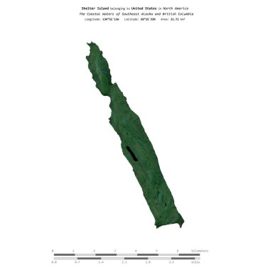 Shelter Island in the The Coastal Waters of Southeast Alaska and British Columbia, belonging to United States, isolated on a satellite image taken in June 28, 2019, with distance scale clipart