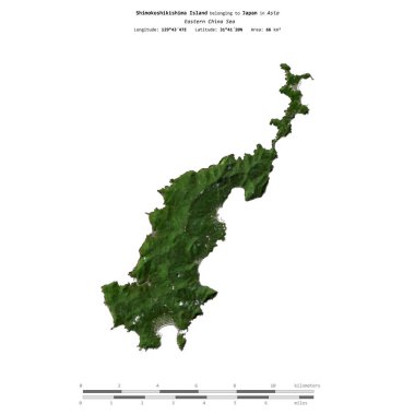 Japonya 'ya ait Doğu Çin Denizi' ndeki Shimokoshikishima Adası, uzaklık ölçeğinde 16 Mayıs 2023 'te çekilmiş bir uydu görüntüsüyle izole edilmiştir.