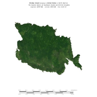 Shrubby Island in the The Coastal Waters of Southeast Alaska and British Columbia, belonging to United States, isolated on a satellite image taken in May 18, 2020, with distance scale clipart