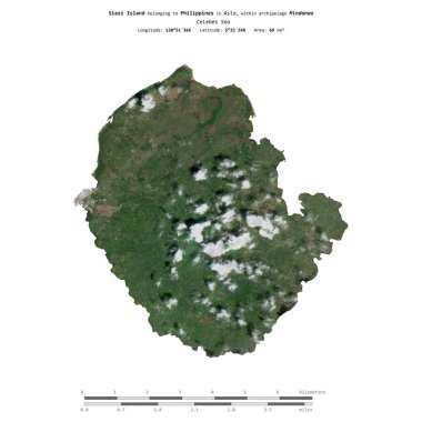 Siasi Island in the Celebes Sea, belonging to Philippines, isolated on a satellite image taken in February 9, 2020, with distance scale clipart