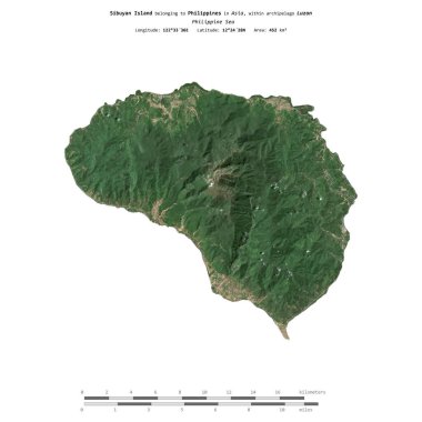 Sibuyan Island in the Philippine Sea, belonging to Philippines, isolated on a satellite image taken in April 3, 2024, with distance scale clipart