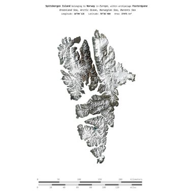 Spitsbergen Island in the Barents Sea, belonging to Norway, isolated on a satellite image taken in September 3, 2022, with distance scale clipart