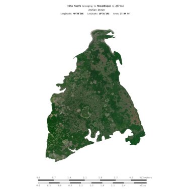 Ilha Suafo in the Indian Ocean, belonging to Mozambique, isolated on a satellite image taken in August 30, 2023, with distance scale clipart