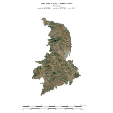 Yunanistan 'a ait Ege Denizi' ndeki Syros Adası, uzaklık ölçeğinde 16 Mart 2021 'de çekilmiş bir uydu görüntüsü ile izole edilmiştir.