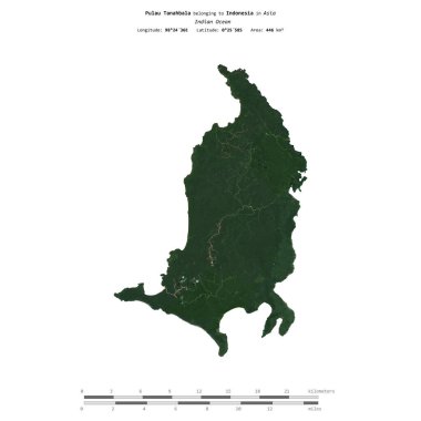 Pulau Tanahbala in the Indian Ocean, belonging to Indonesia, isolated on a satellite image taken in March 21, 2024, with distance scale clipart