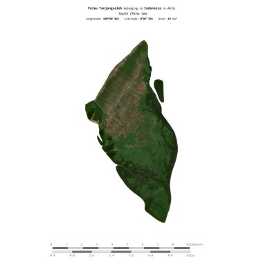 Pulau Tanjungsaleh in the South China Sea, belonging to Indonesia, isolated on a satellite image taken in August 29, 2023, with distance scale clipart