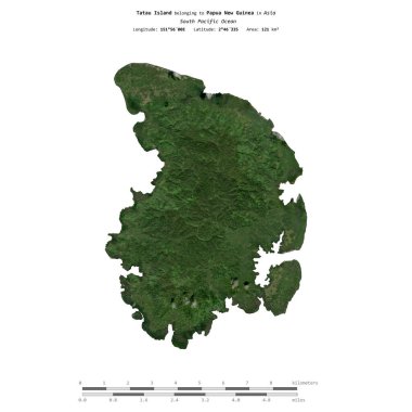 Papua Yeni Gine 'ye ait Güney Pasifik Okyanusu' ndaki Tatau Adası, 1 Ocak 2018 'de uzaklık ölçeğinde çekilmiş bir uydu görüntüsüyle izole edilmiştir.