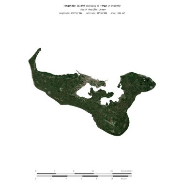 Tongatapu Island in the South Pacific Ocean, belonging to Tonga, isolated on a satellite image taken in May 14, 2021, with distance scale clipart