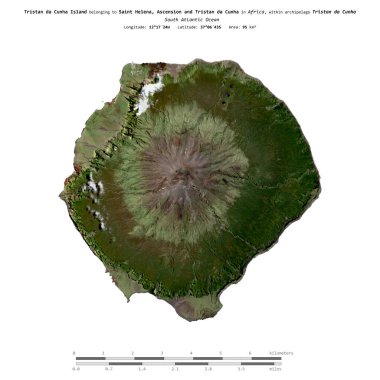 Güney Atlantik Okyanusu 'ndaki Tristan da Cunha Adası. Saint Helena, Ascension ve Tristan da Cunha' ya ait. 8 Aralık 2019 'da çekilmiş bir uydu görüntüsü.