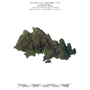 Ulva Island in the Inner Seas off the West Coast of Scotland, belonging to United Kingdom, isolated on a satellite image taken in September 5, 2023, with distance scale clipart