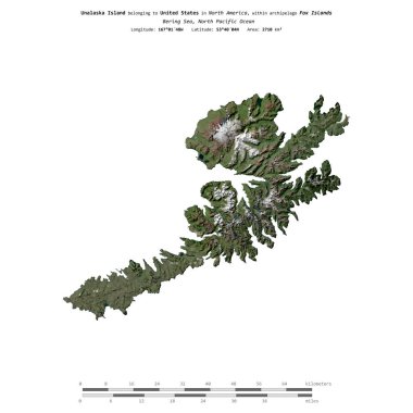 Unalaska Island in the Bering Sea, belonging to United States, isolated on a satellite image taken in August 31, 2019, with distance scale clipart