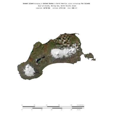 Unimak Island in the Bering Sea, belonging to United States, isolated on a satellite image taken in October 27, 2018, with distance scale clipart