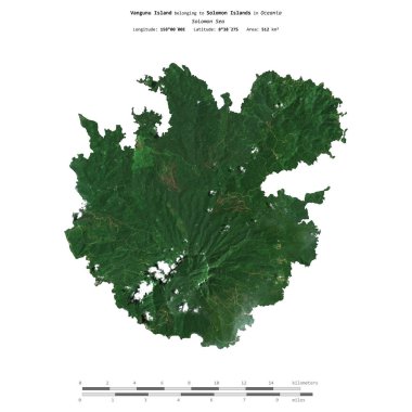 Vangunu Island in the Solomon Sea, belonging to Solomon Islands, isolated on a satellite image taken in February 14, 2024, with distance scale clipart