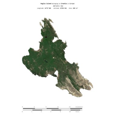 Adriyatik Denizi 'ndeki Veglia Adası, 14 Nisan 2024' te uzaklık ölçeğinde çekilmiş bir uydu görüntüsüyle izole edildi.