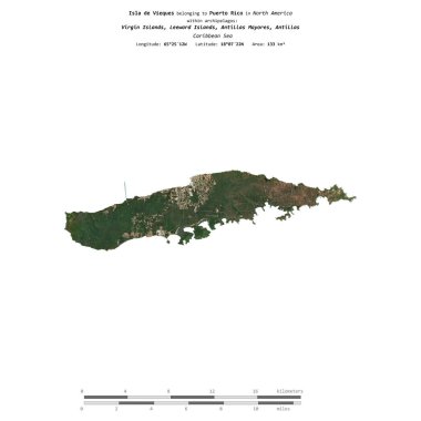 Karayip Denizi 'ndeki Vieques Adası, Porto Riko' ya ait. 8 Mart 2023 'te çekilen uydu görüntüsü ile izole edilmiş.
