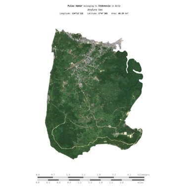 Pulau Wamar in the Arafura Sea, belonging to Indonesia, isolated on a satellite image taken in June 21, 2019, with distance scale clipart