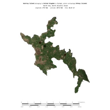 Westray Island in the North Sea, belonging to United Kingdom, isolated on a satellite image taken in April 20, 2023, with distance scale clipart