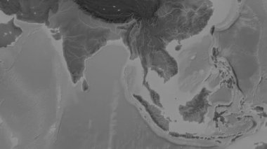 Patterson silindirik projeksiyonunda dünyanın gri ölçekli yükseklik haritasının arka planında Andaman veya Burma Denizi bölgesi