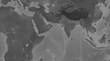 Patterson silindirik projeksiyonunda dünyanın gri ölçekli yükseklik haritasının arka planında Arap Denizi bölgesi