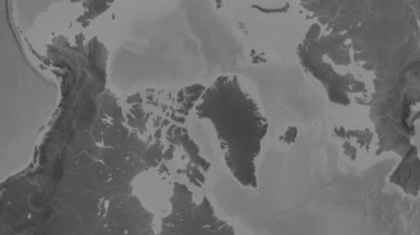 Patterson silindirik projeksiyonunda dünyanın gri ölçekli yükselme haritasının arka planında Baffin Körfezi bölgesi