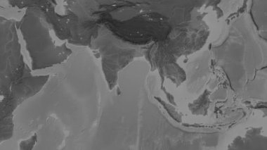 Bengal Körfezi Bölgesi Patterson silindirik projeksiyonunda dünyanın gri ölçekli yükselme haritasının arka planında