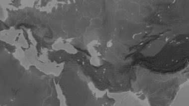 Patterson silindirik projeksiyonunda dünyanın gri ölçekli yükselme haritasının arka planında Hazar Denizi bölgesi