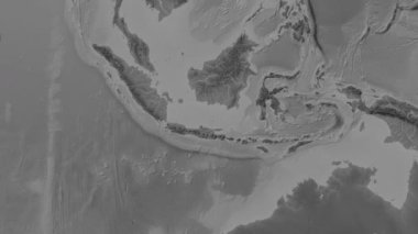 Patterson silindirik projeksiyonunda dünyanın gri ölçekli yükseklik haritasının arka planında Java Denizi bölgesi