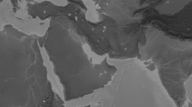 Patterson silindirik projeksiyonunda dünyanın gri ölçekli yükselme haritasının arka planında Basra Körfezi bölgesi