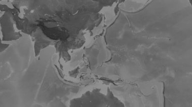 Filipin Denizi Bölgesi Patterson silindirik projeksiyonunda dünyanın gri ölçekli yükseklik haritasının arka planında