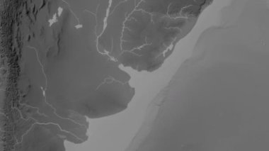 Rio de La Plata bölgesi Patterson silindirik projeksiyonunda dünyanın gri ölçekli yükseklik haritasının arka planında