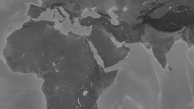 Patterson silindirik projeksiyonunda Dünya 'nın gri ölçekli yükseklik haritasının arka planında Kızıldeniz bölgesi