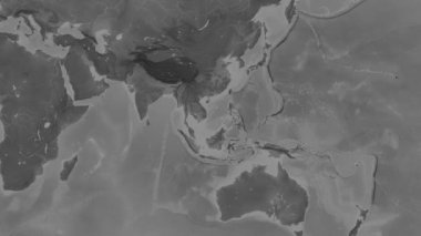 Güney Çin Denizi Bölgesi Patterson silindirik projeksiyonunda dünyanın gri ölçekli yükselme haritasının arka planında