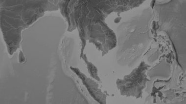 Tayland Körfezi Bölgesi Patterson silindirik projeksiyonunda Dünya 'nın gri ölçekli yükseklik haritasının arka planında