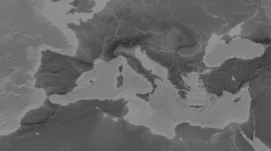 Patterson silindirik projeksiyonunda dünyanın gri ölçekli yükseklik haritasının arka planında Tyrrhenian Denizi bölgesi