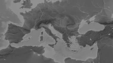 Adriyatik Denizi Bölgesi, Patterson silindirik projeksiyonunda dünyanın gri ölçekli yükseliş haritasının arka planında