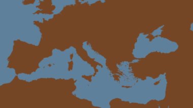 Adriyatik Denizi bölgesi Patterson silindirik projeksiyonunda dünyanın katı renk haritasının arka planında