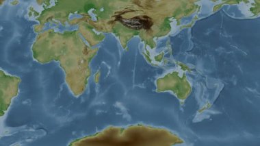 Hint Okyanusu. Patterson silindirik projeksiyonunda soluk renkli bir yükseklik haritasında konum diyagramı