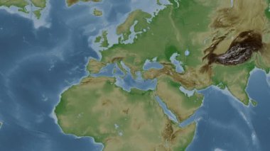 Akdeniz - Doğu Havzası. Patterson silindirik projeksiyonunda soluk renkli bir yükseklik haritasında konum diyagramı