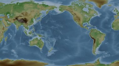 Pasifik Okyanusu. Patterson silindirik projeksiyonunda soluk renkli bir yükseklik haritasında konum diyagramı