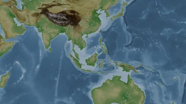Güney Çin ve Paskalya Takımadaları. Patterson silindirik projeksiyonunda soluk renkli bir yükseklik haritasında konum diyagramı