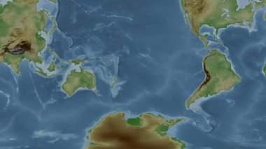 Güney Pasifik Okyanusu. Patterson silindirik projeksiyonunda soluk renkli bir yükseklik haritasında konum diyagramı