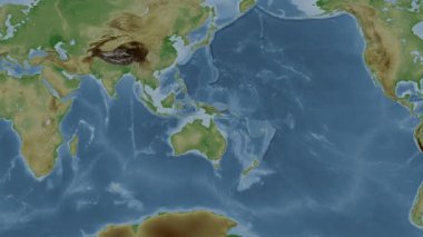 Batı Pasifik Okyanusu. Patterson silindirik projeksiyonunda soluk renkli bir yükseklik haritasında konum diyagramı