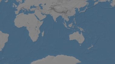 Hint Okyanusu. Patterson silindirik projeksiyonunda mavi ve gri renkli yükseklik haritası üzerinde konum diyagramı