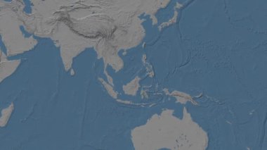 Güney Çin ve Paskalya Takımadaları. Patterson silindirik projeksiyonunda mavi ve gri renkli yükseklik haritası üzerinde konum diyagramı