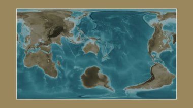 Bass Boğazı. Patterson silindirik projeksiyonunda sepya renkli bir yükseklik haritasına yakın plan